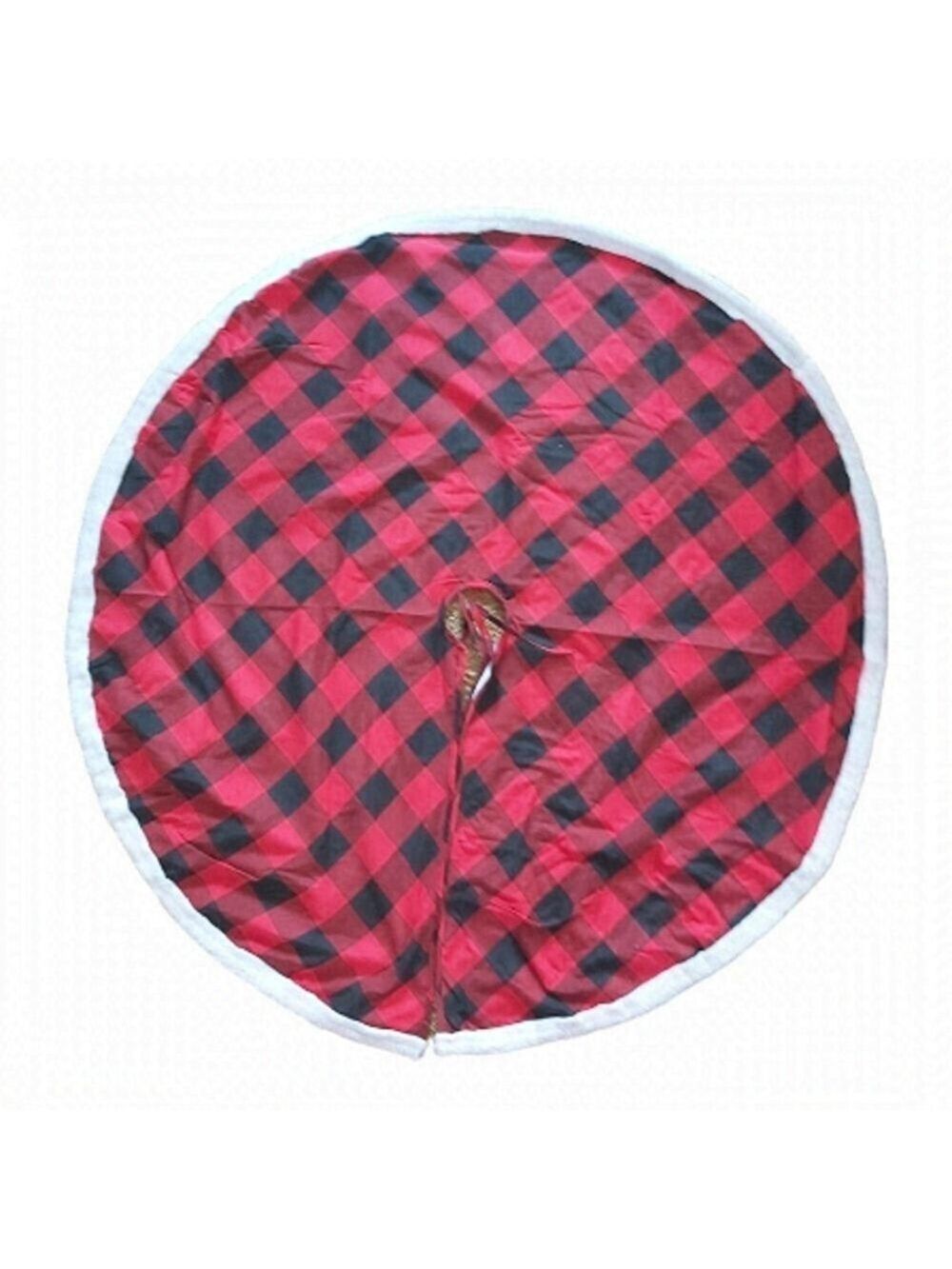 LARGE Red/Black Checkered Christmas Tree Skirt With White Faux Fur Trim - 36 In